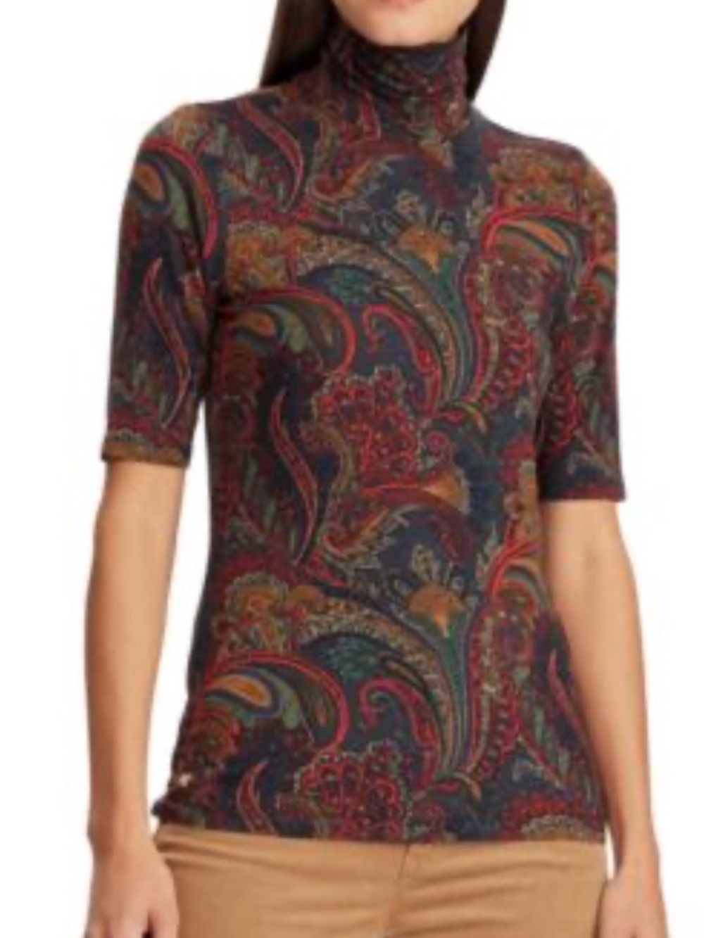 Lauren Ralph Lauren Women’s XL Navy/Burgundy Stretch Paisley Mock Neck Top